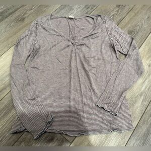 Grey and Pink Striped Long Sleeve Ruched Top